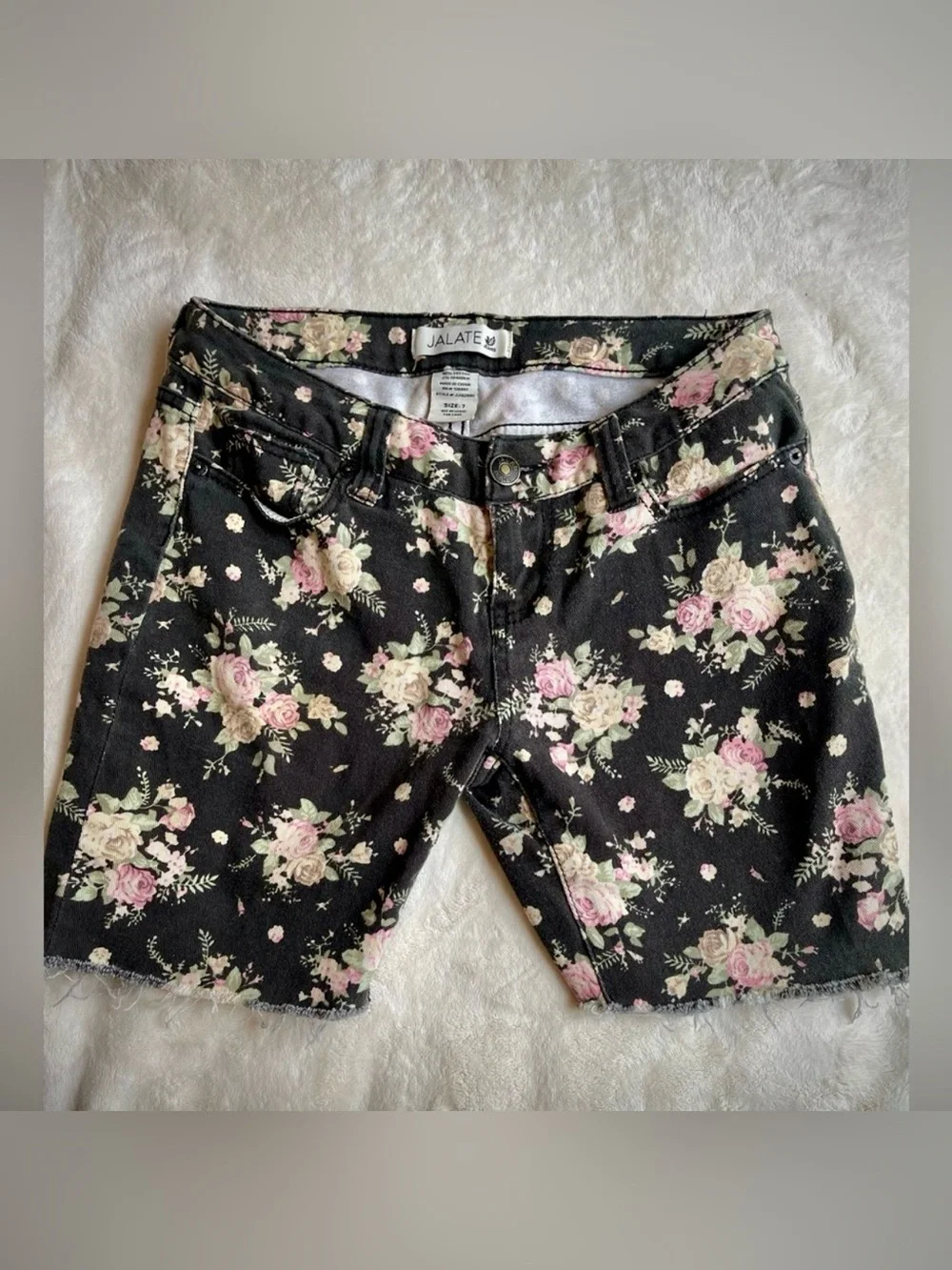 Grunge Fairy Whimsygoth Floral Cutoff Shorts Jalate Black Pink Rose Denim 7